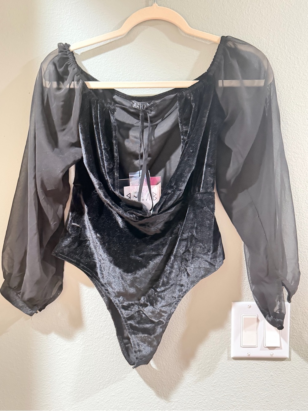 Rehab Black Velvet Bodysuit with Sheer Long Sleeves